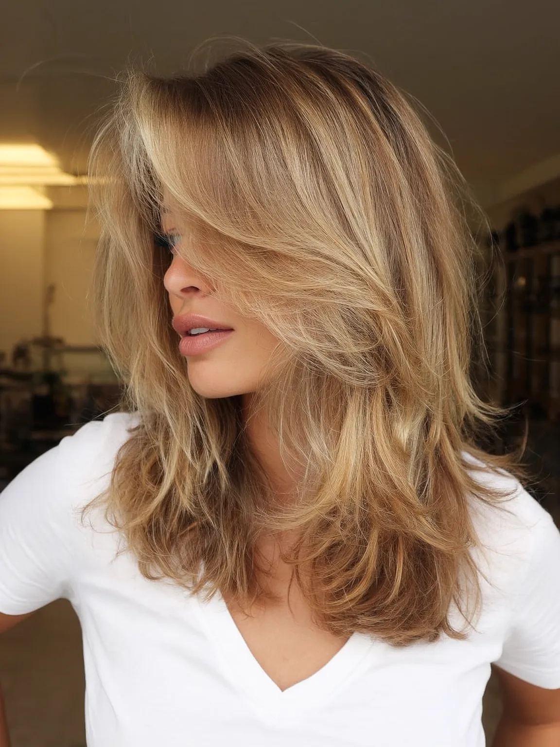 Honey Blonde Balayage Layers with Side-Swept Bangs on Wavy Hair